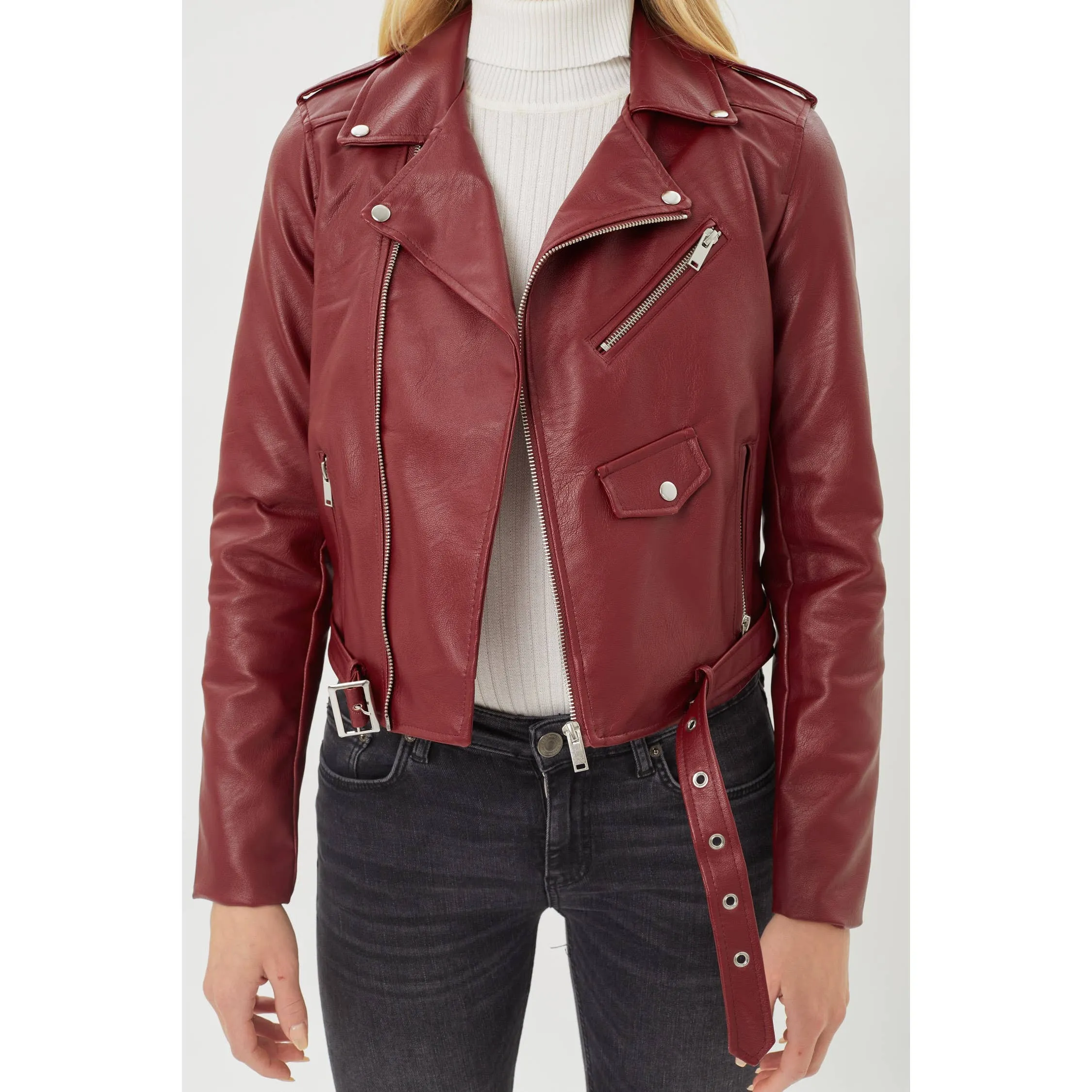 Faux Leather Zip Up Biker Jacket - Wine