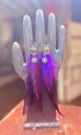 Feather Earring With Charm - Purple