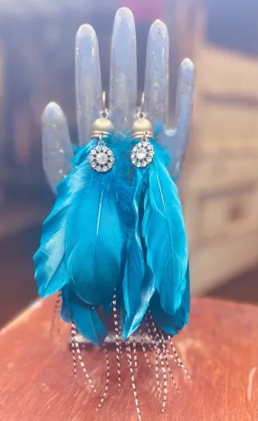 Feather Earring With Charm - Teal