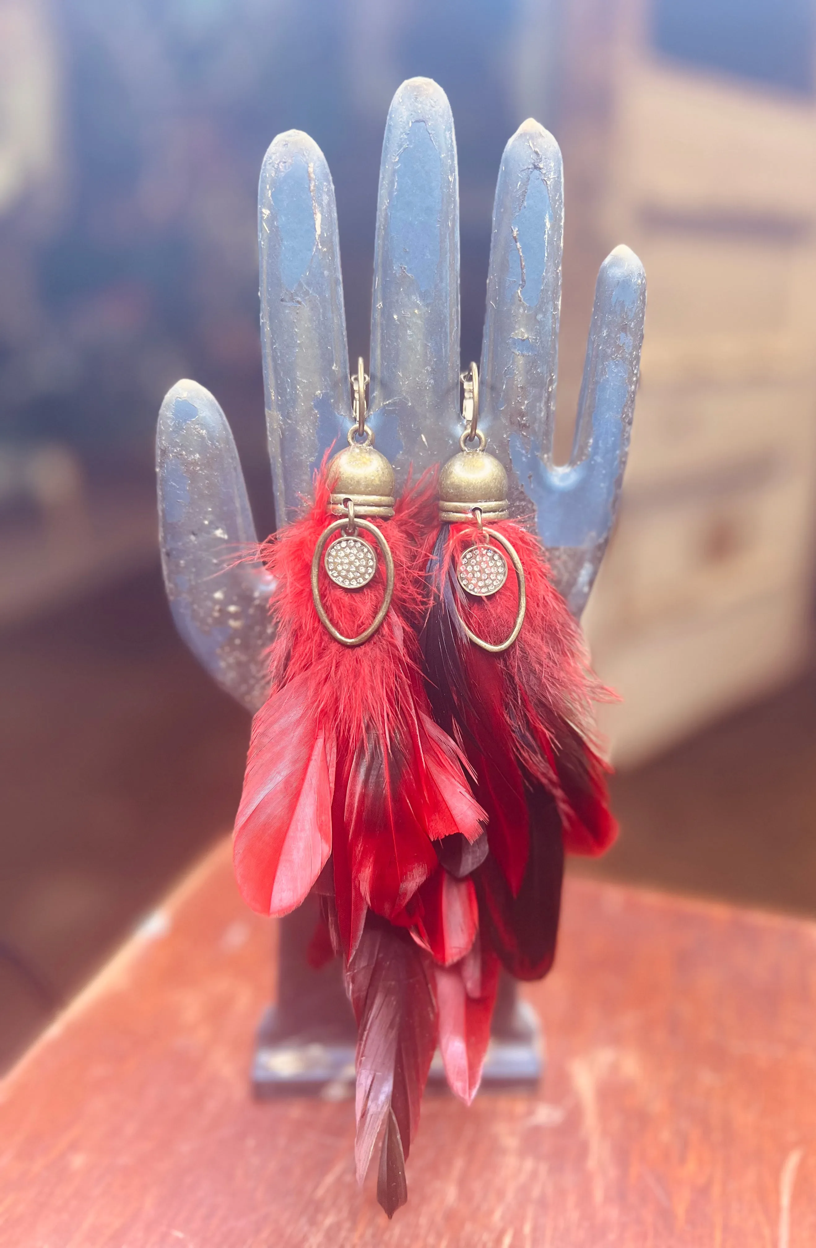 Feather Earring With Oval Charm - Red