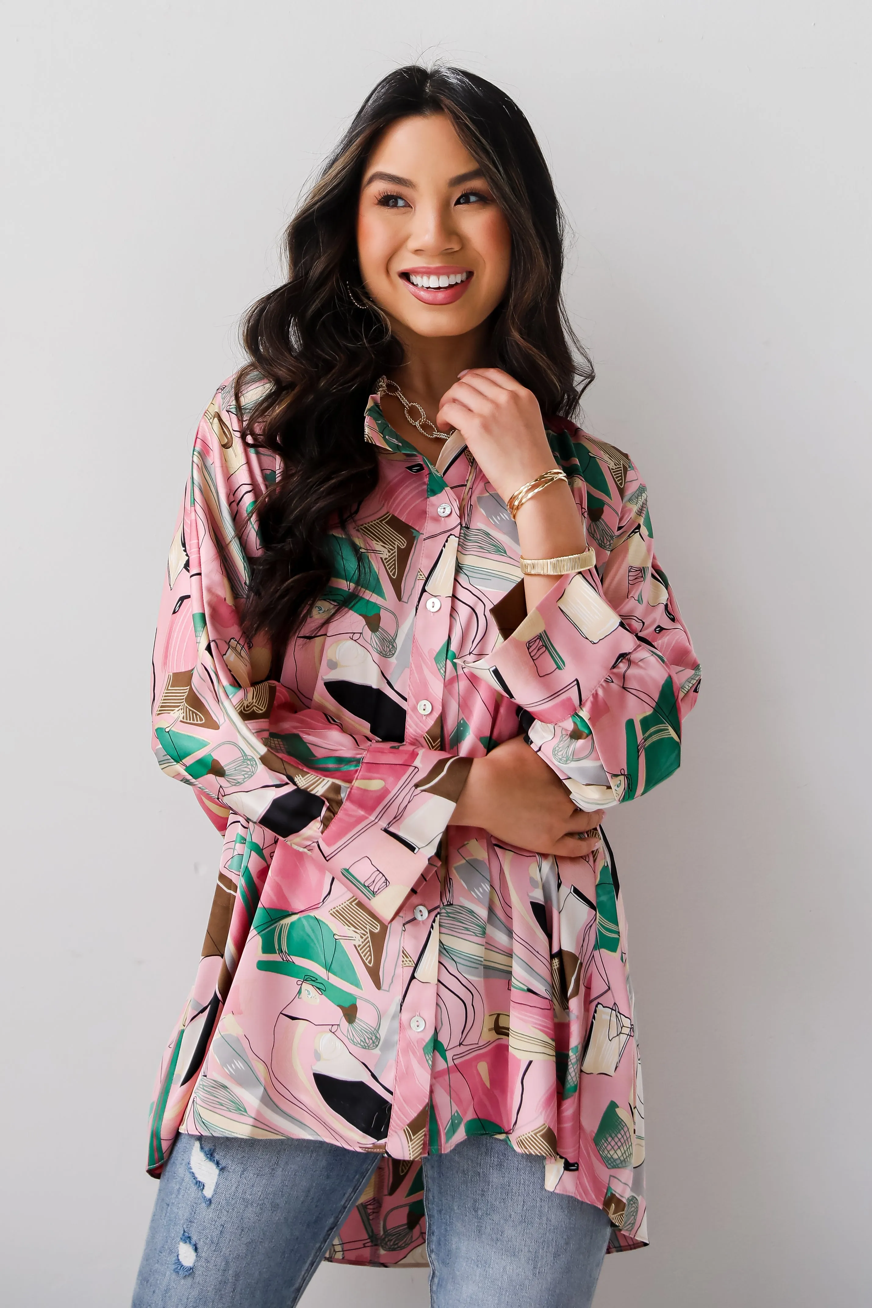 FINAL SALE - Stylish Imagination Pink Satin Oversized Blouse