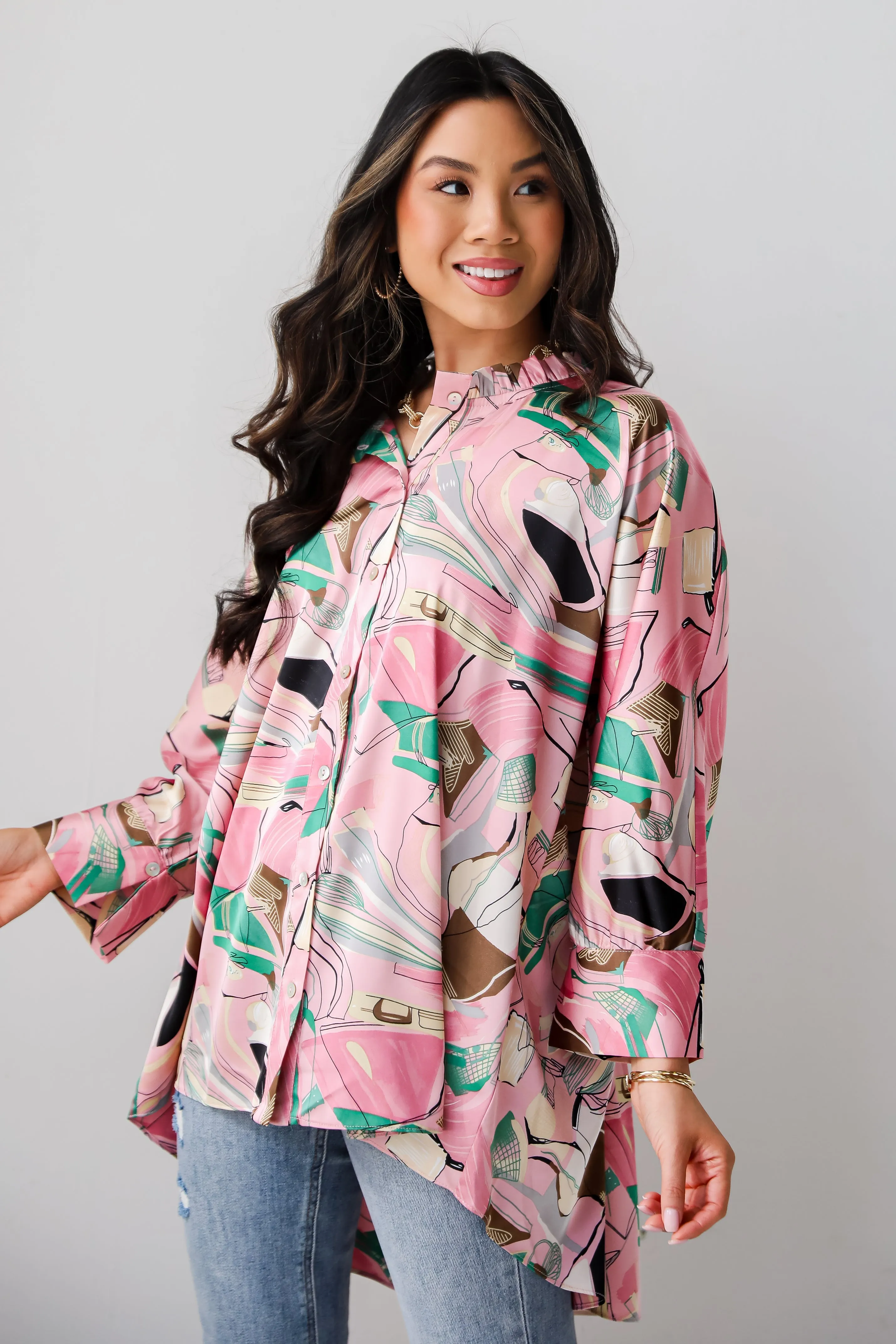 FINAL SALE - Stylish Imagination Pink Satin Oversized Blouse