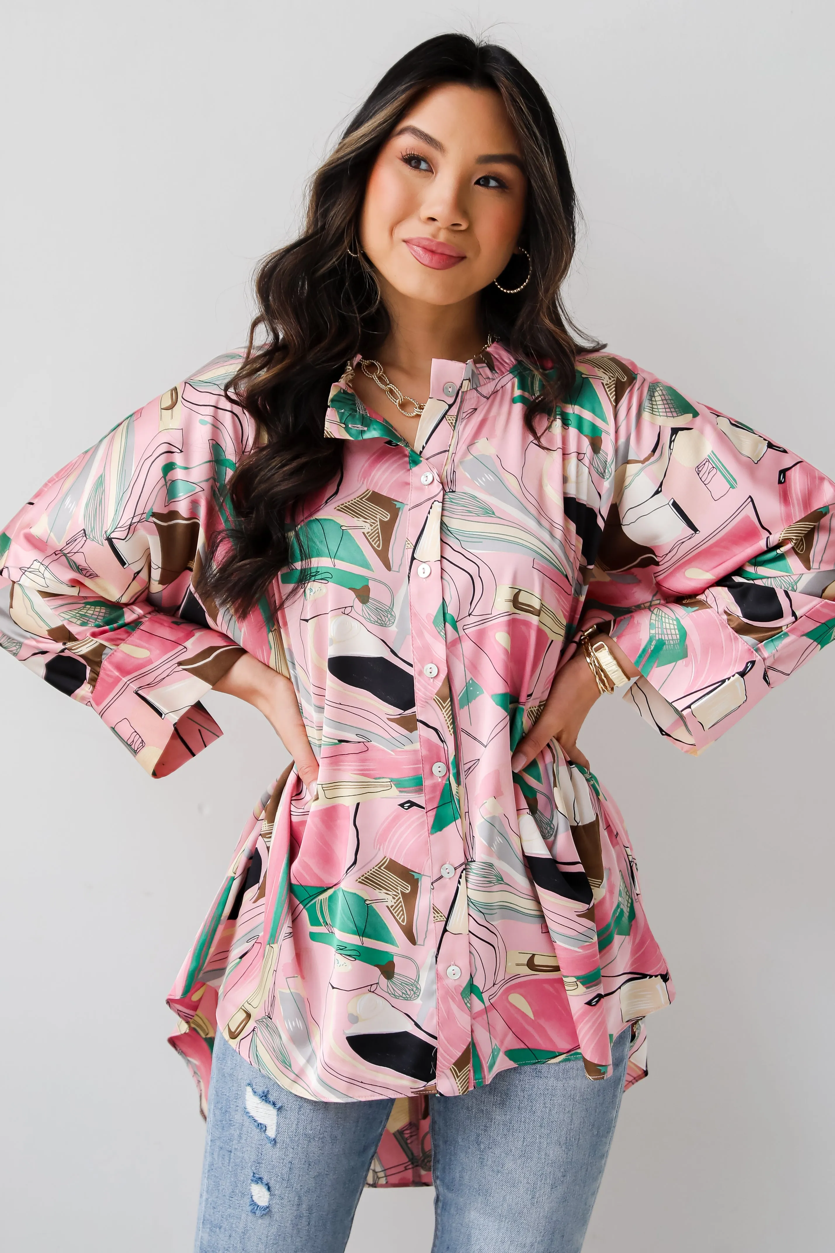 FINAL SALE - Stylish Imagination Pink Satin Oversized Blouse