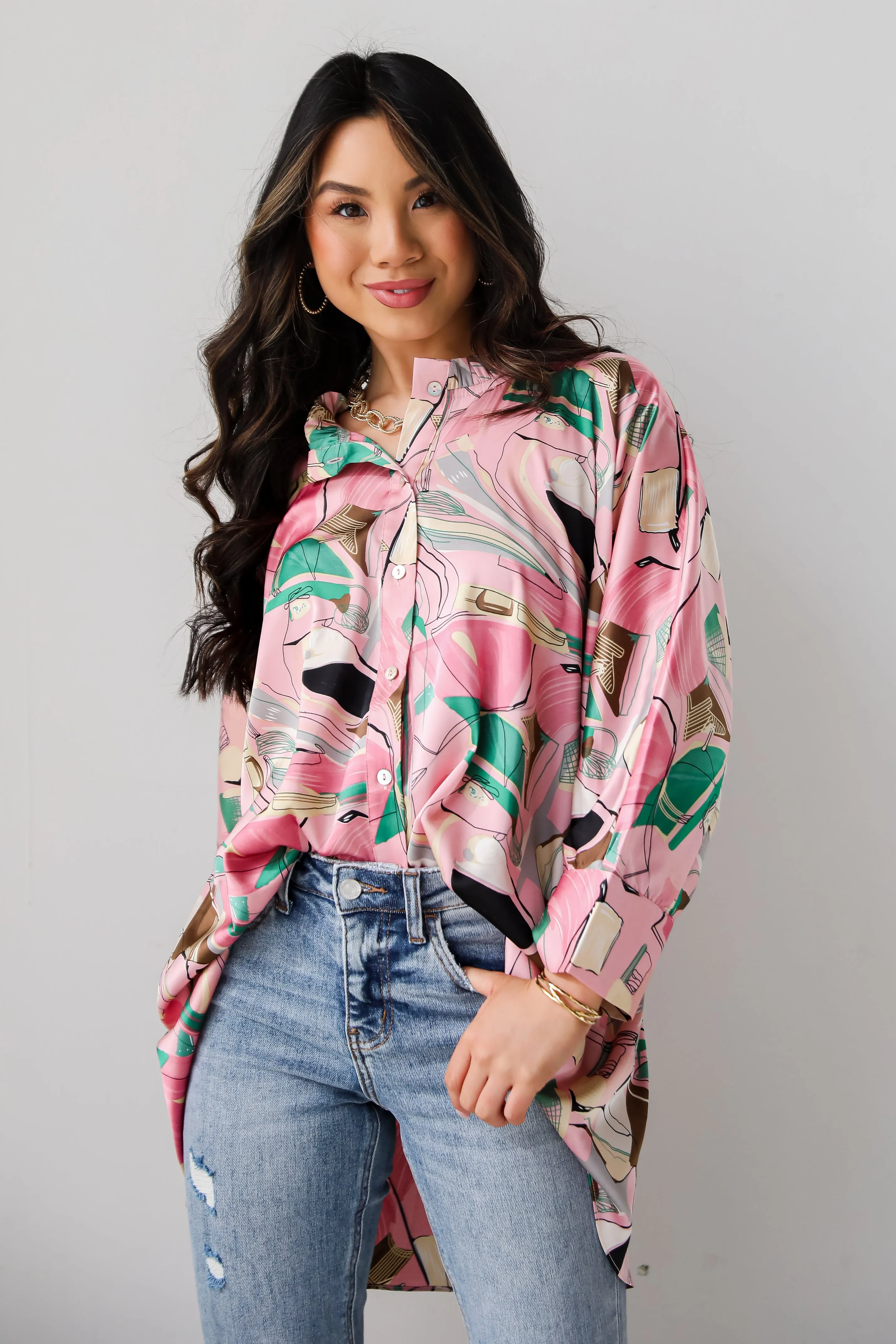 FINAL SALE - Stylish Imagination Pink Satin Oversized Blouse