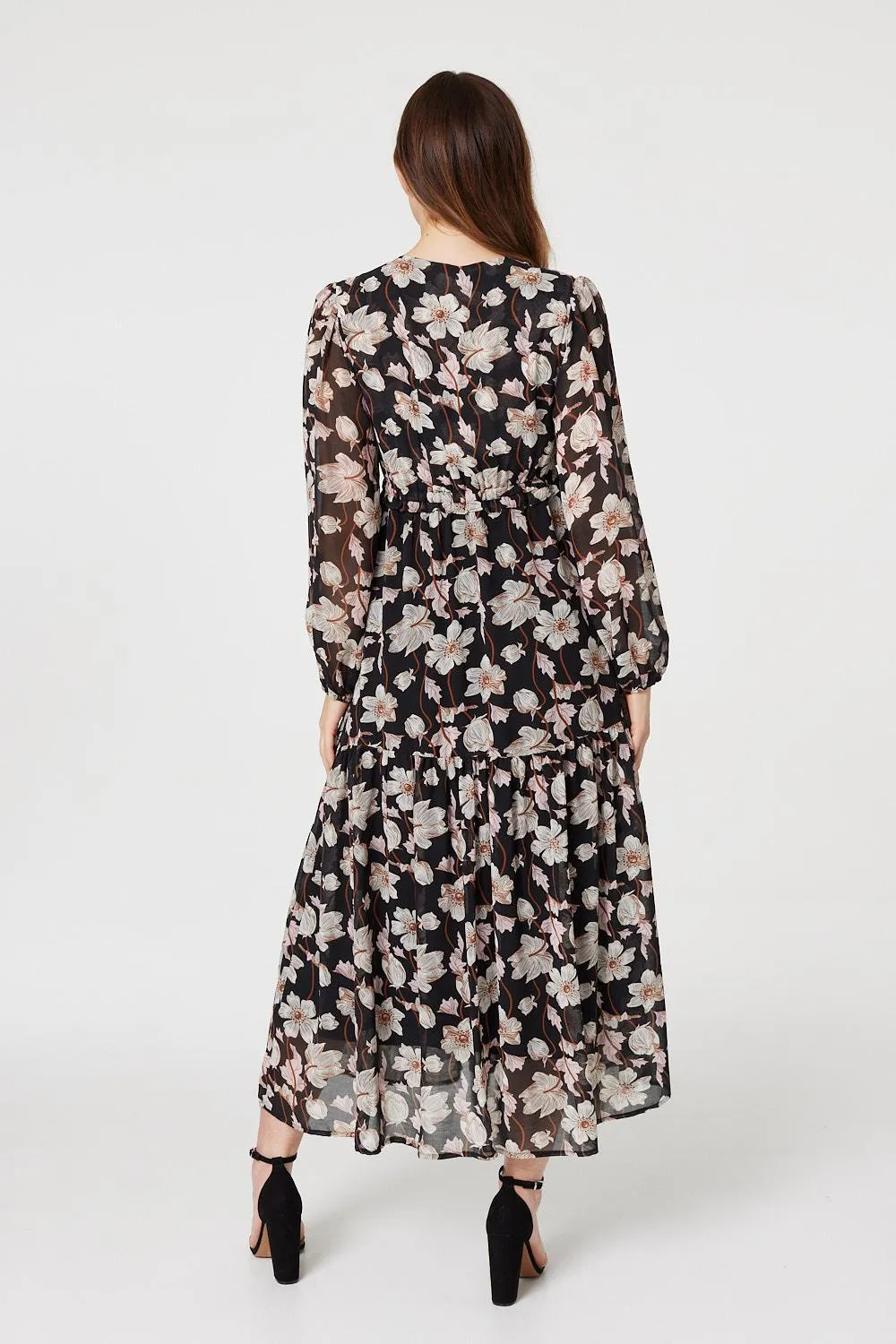 Floral Drawstring Waist Midi Dress