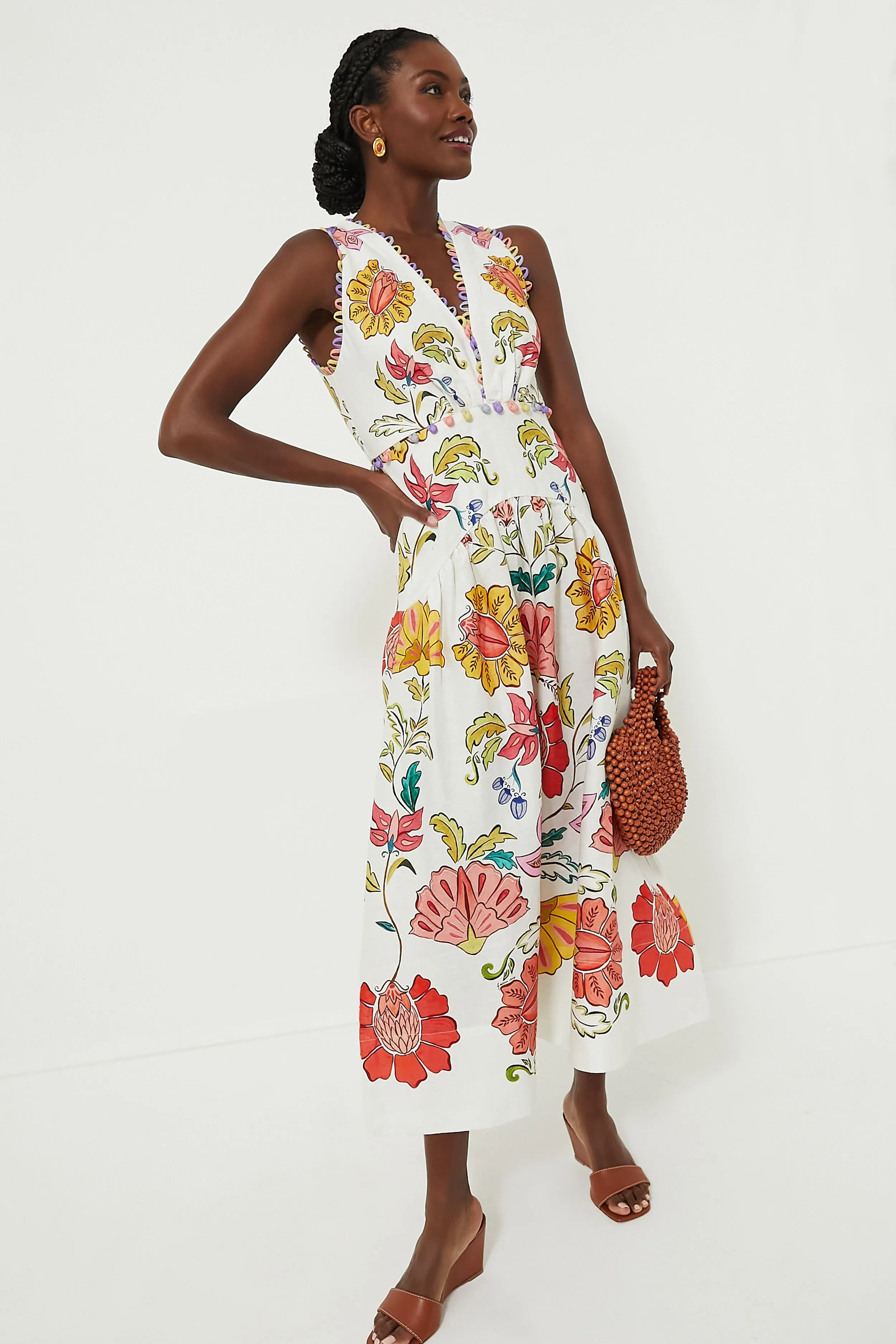 Floral Insects Off White Sleeveless Maxi Dress