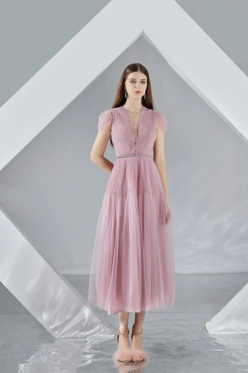 Florence Pleated Puffy Sleeved Organza Midi Dress