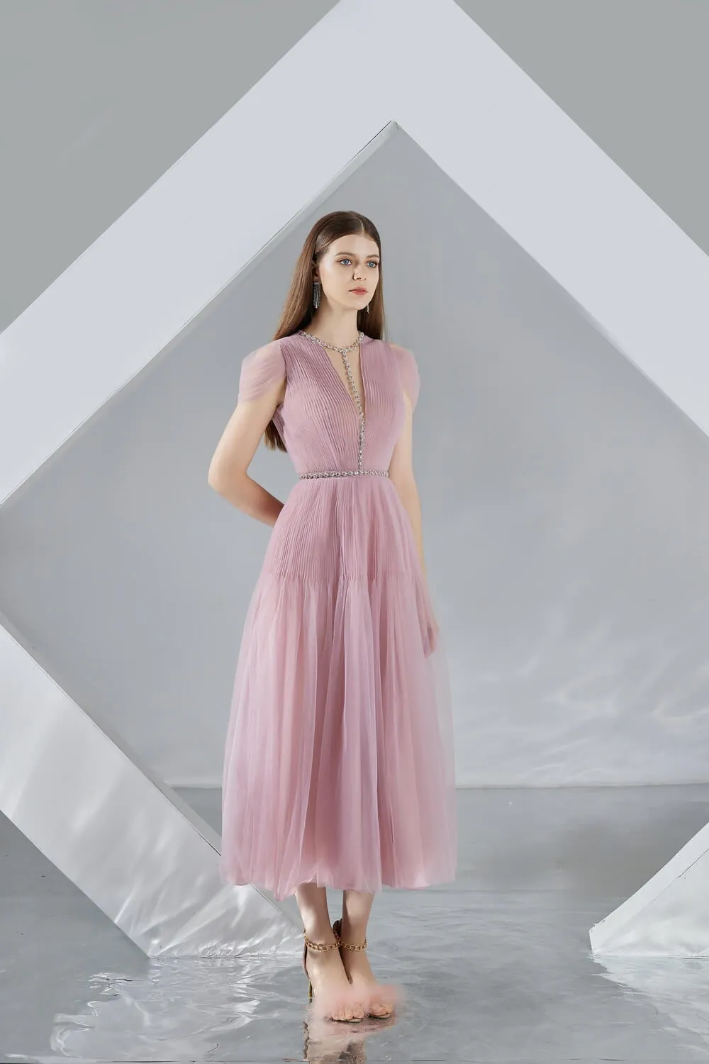 Florence Pleated Puffy Sleeved Organza Midi Dress