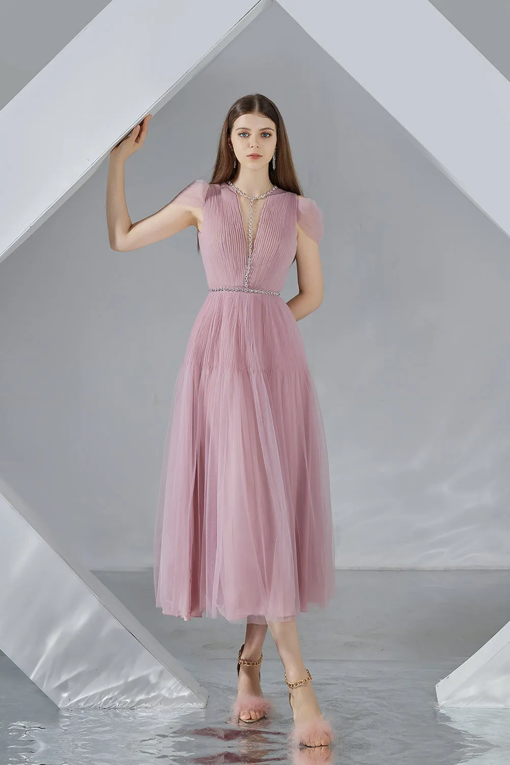 Florence Pleated Puffy Sleeved Organza Midi Dress