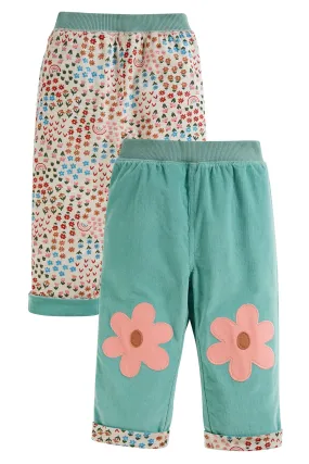 Frugi Tess Cord Reversible Trousers Moss Floral Fun