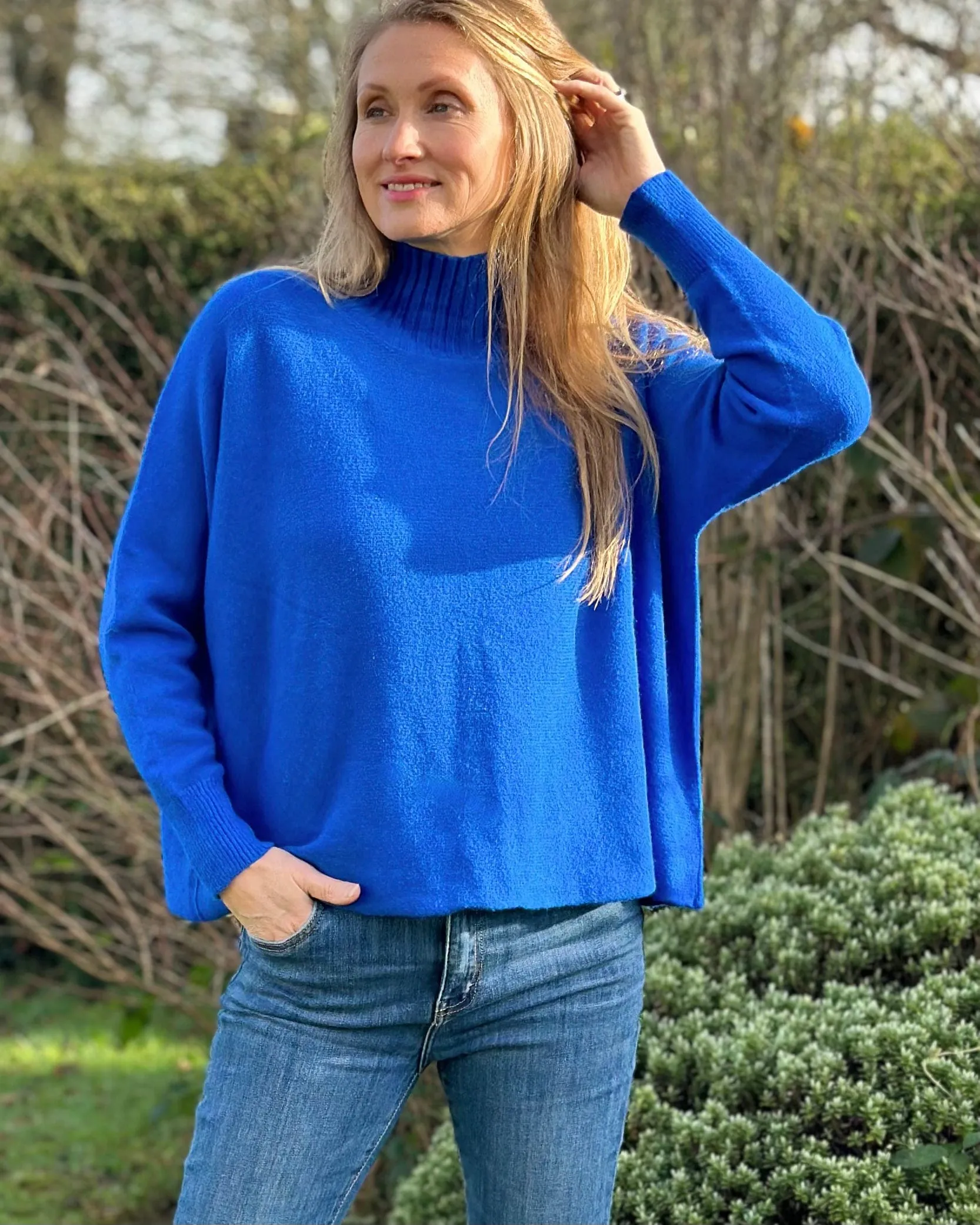 Funnel Neck Soft Knit Long Sleeve Jumper - Royal Blue