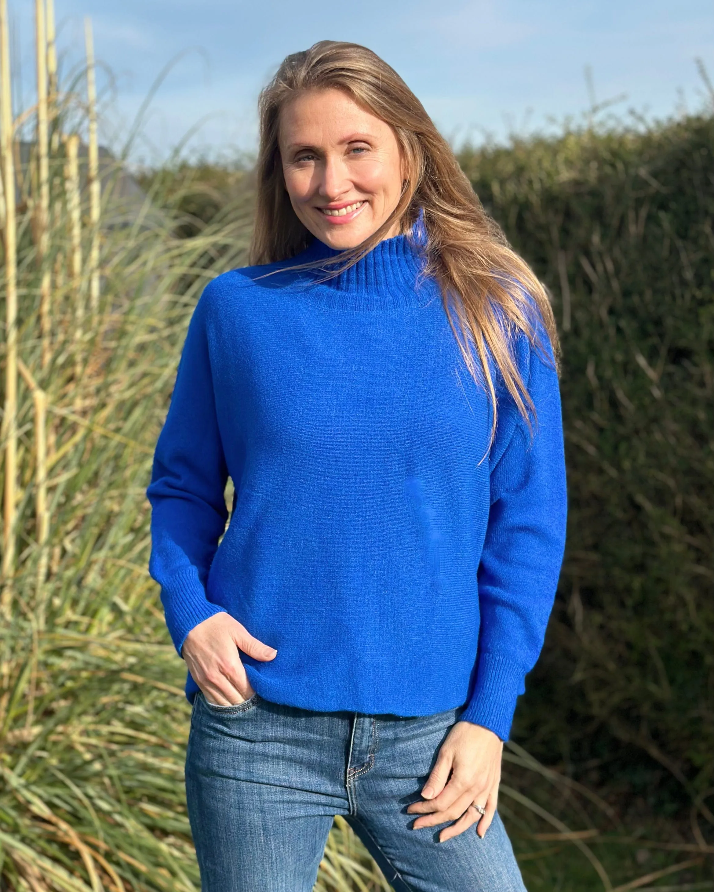 Funnel Neck Soft Knit Long Sleeve Jumper - Royal Blue