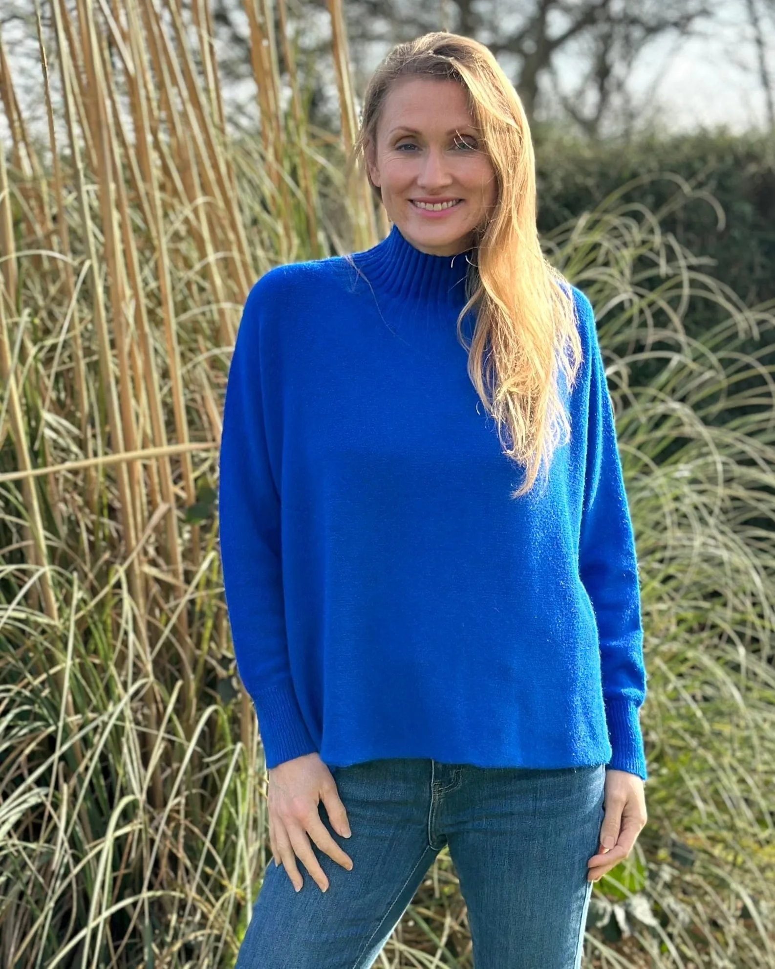 Funnel Neck Soft Knit Long Sleeve Jumper - Royal Blue