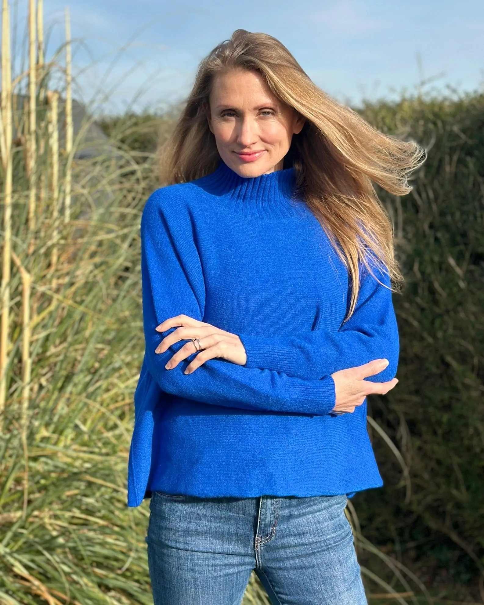 Funnel Neck Soft Knit Long Sleeve Jumper - Royal Blue