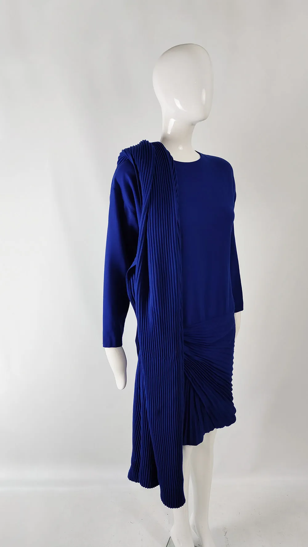 Gianni Versace Couture Blue Wool Pleated Dress & Scarf, Fall 1989