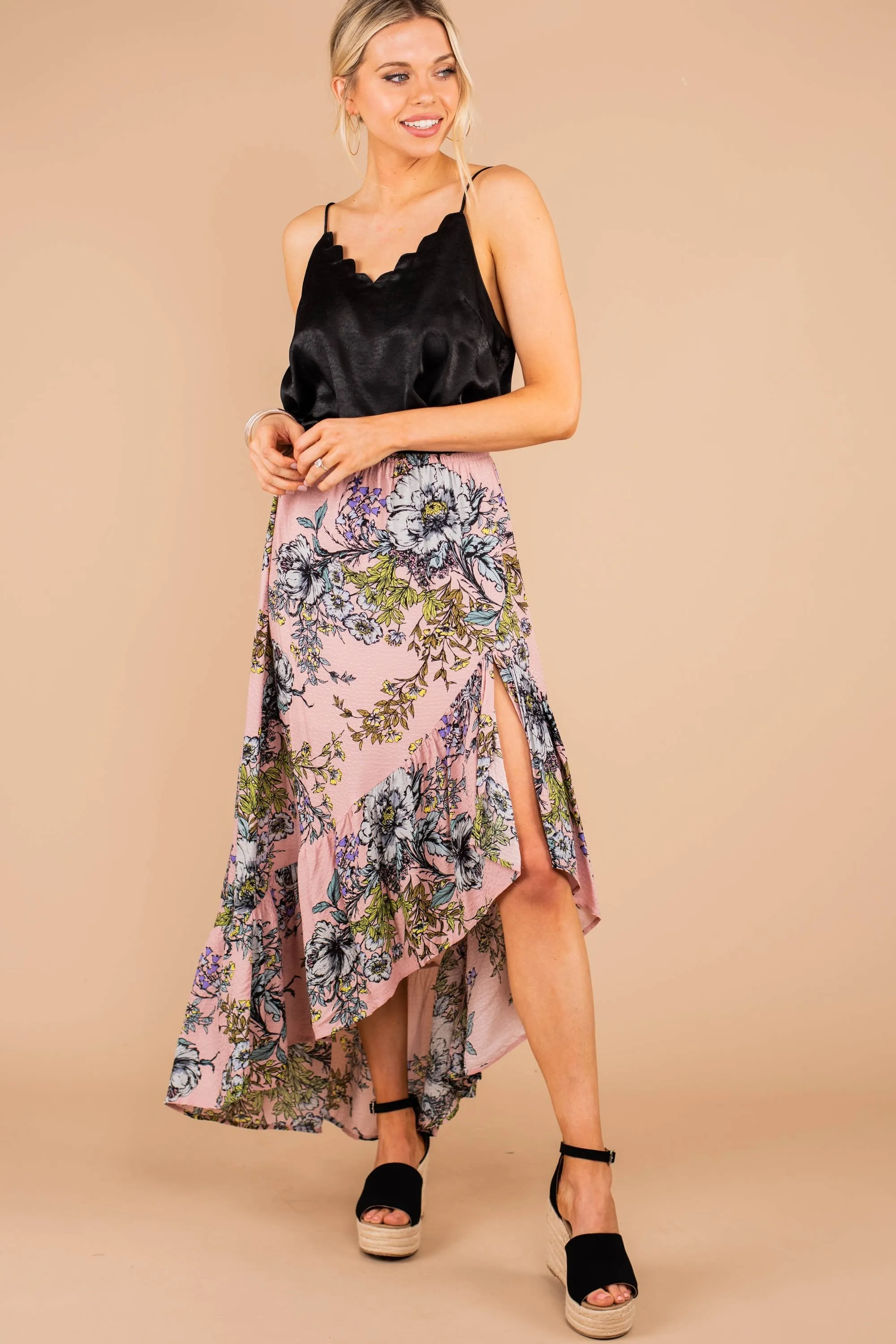 Give Us A Smile Rose Pink Floral Maxi Skirt