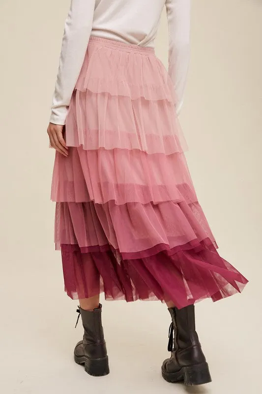 Gradient Style Tiered Mesh Maxi Skirt