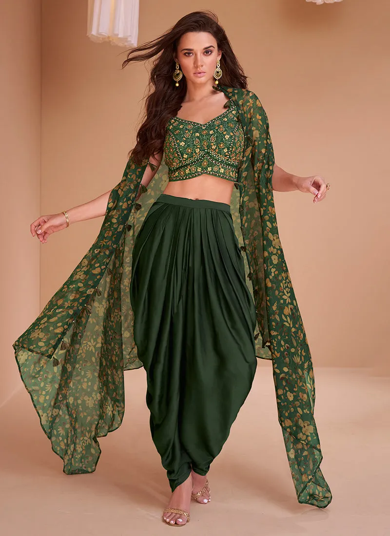 Green Mirror Work Embroidered Cape Style Co-Ord Dhoti Set