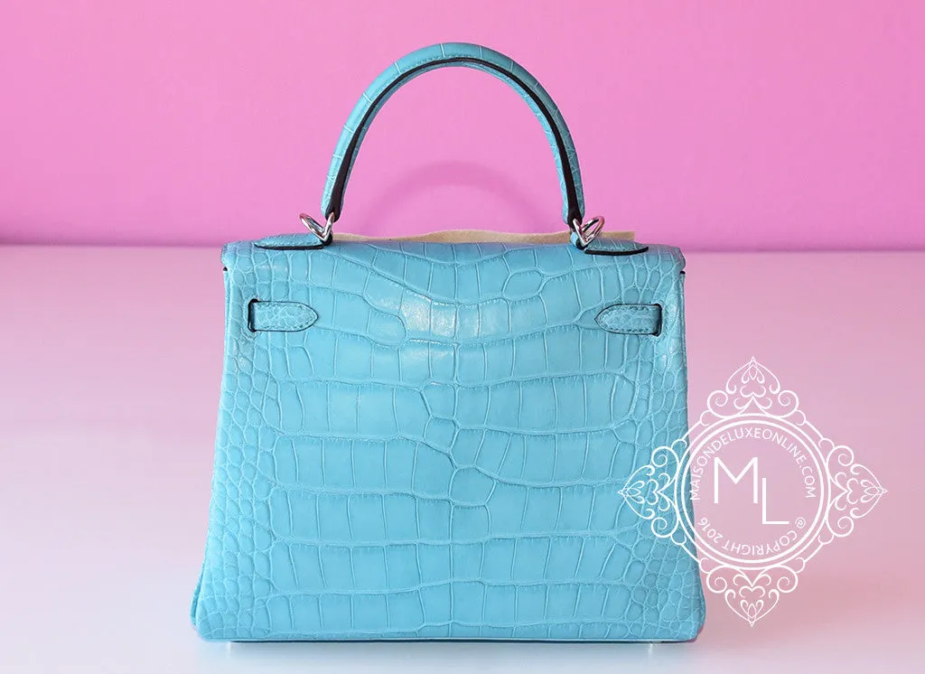 Hermes Blue Saint CYR Matte Crocodile Kelly 25 Handbag