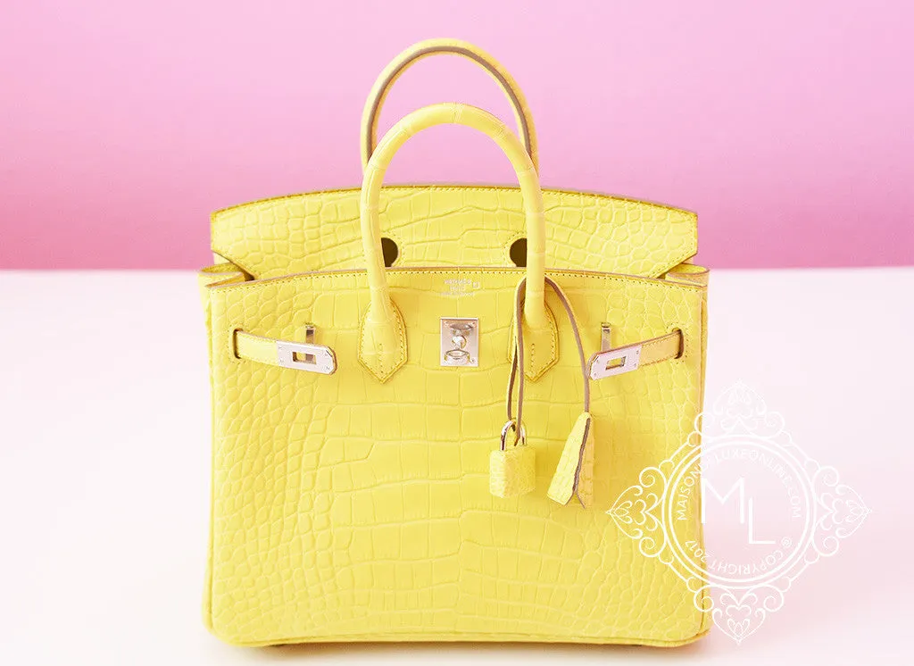 Hermes Lime Yellow Matte Crocodile Birkin 25 Handbag