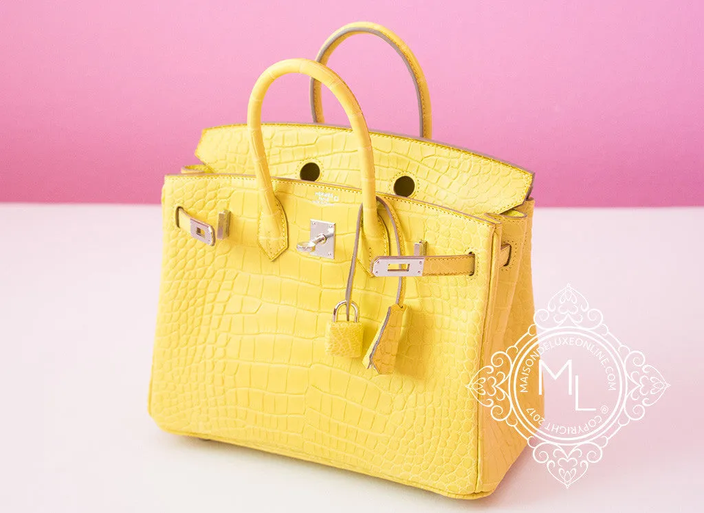 Hermes Lime Yellow Matte Crocodile Birkin 25 Handbag