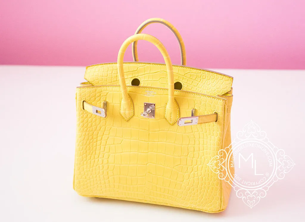 Hermes Lime Yellow Matte Crocodile Birkin 25 Handbag