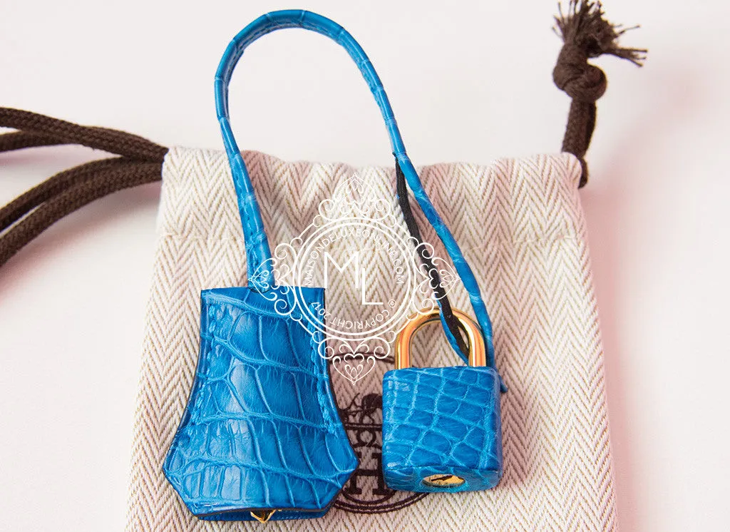 Hermes Mykonos Blue Crocodile Gold Birkin 25 Handbag