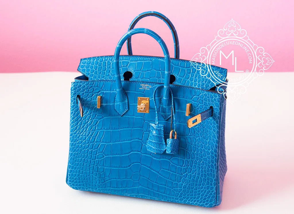 Hermes Mykonos Blue Crocodile Gold Birkin 25 Handbag