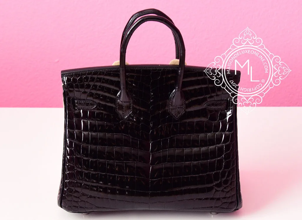 Hermes Noir Black Crocodile Palladium Birkin 25 Handbag