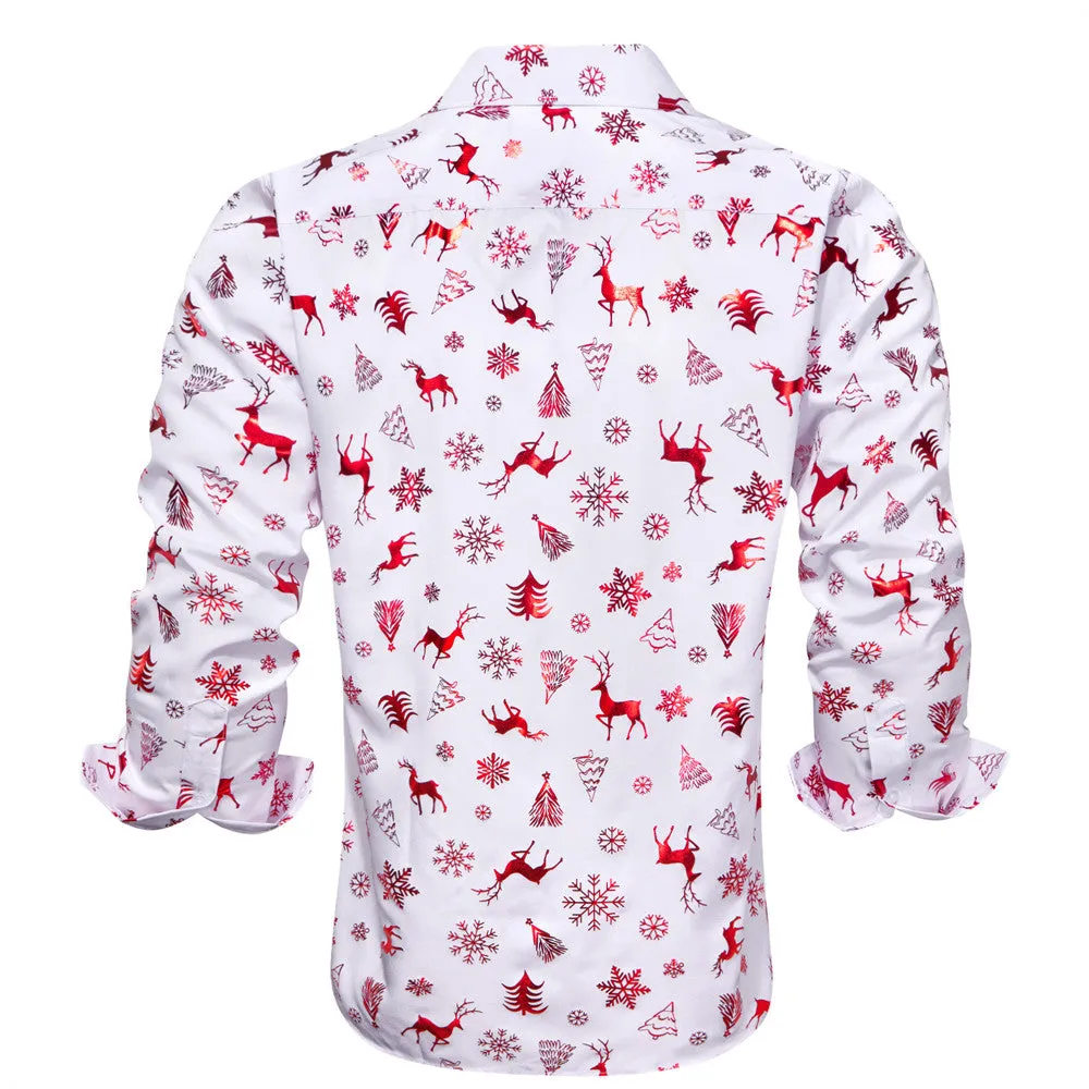 Hi-Tie White Red Christmas Deer Pine Silk Button-Down Long Sleeve Shirt