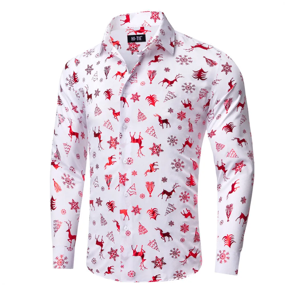 Hi-Tie White Red Christmas Deer Pine Silk Button-Down Long Sleeve Shirt