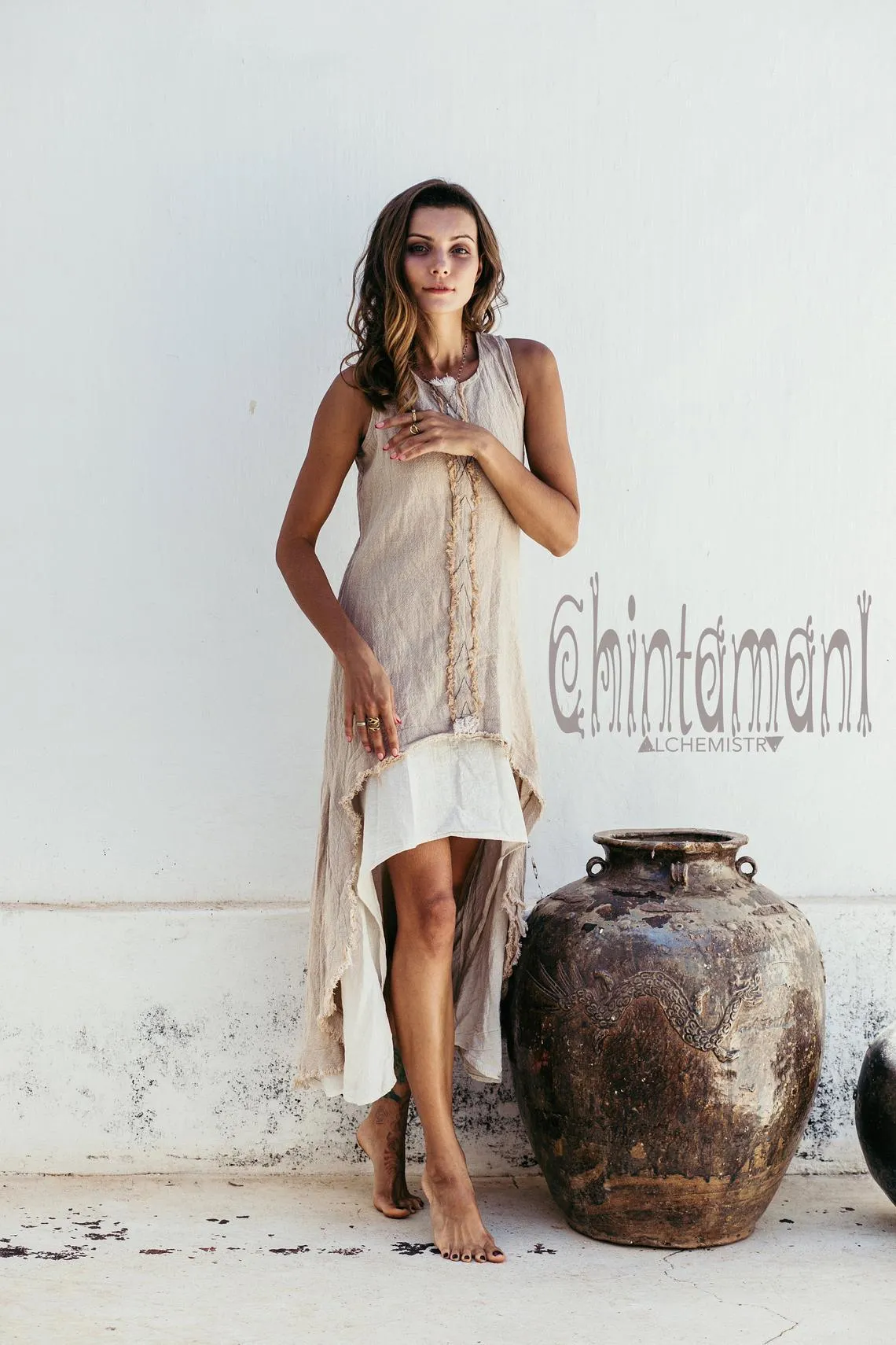 High Low Raw Cotton Long Dress with Double Layer / Aroha Tino Beige