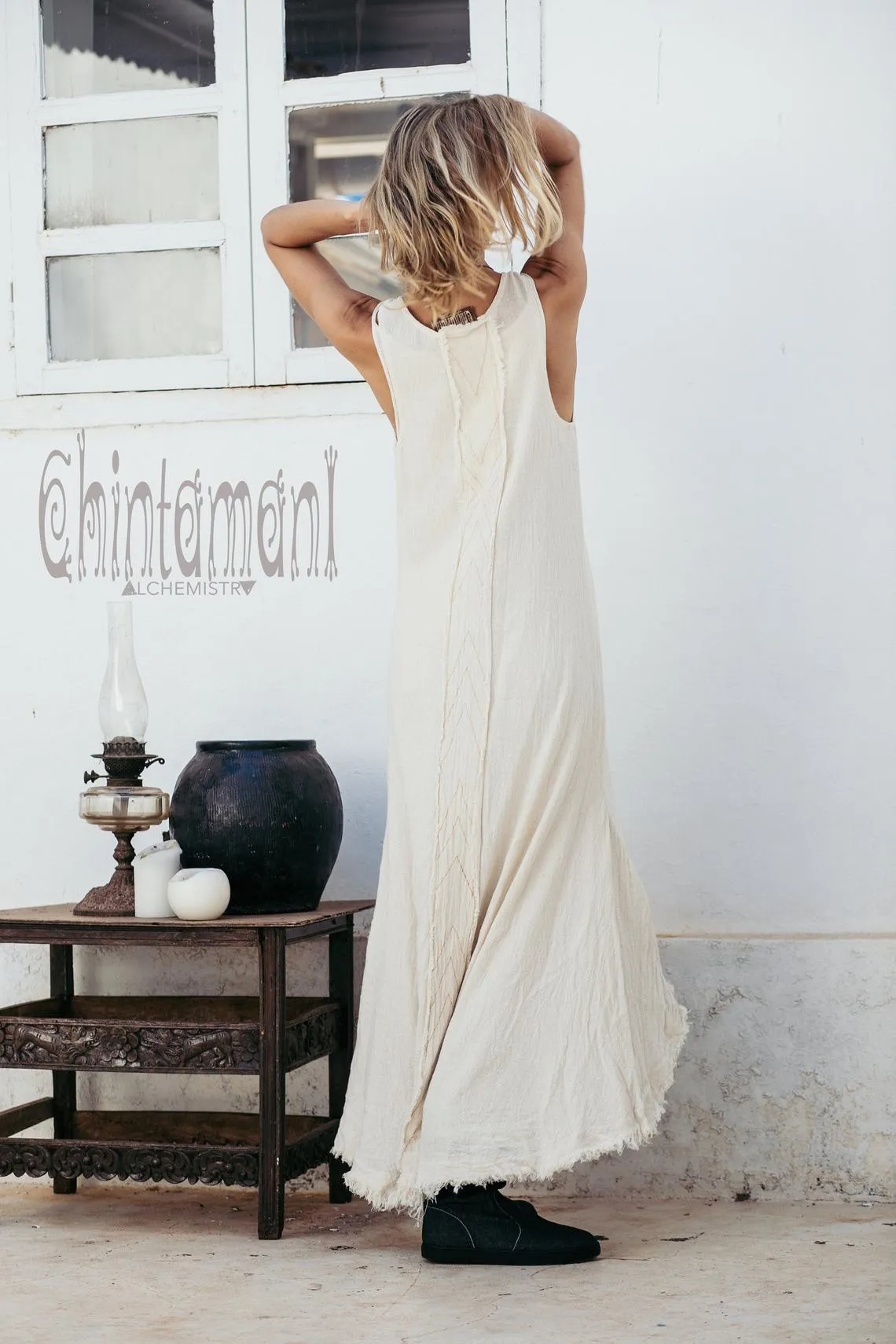 High Low Raw Cotton Long Dress with Double Layer / Aroha Tino Off White