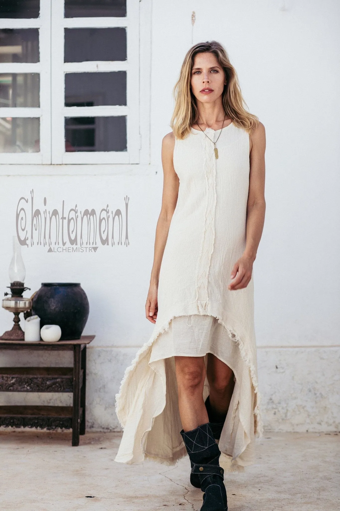 High Low Raw Cotton Long Dress with Double Layer / Aroha Tino Off White