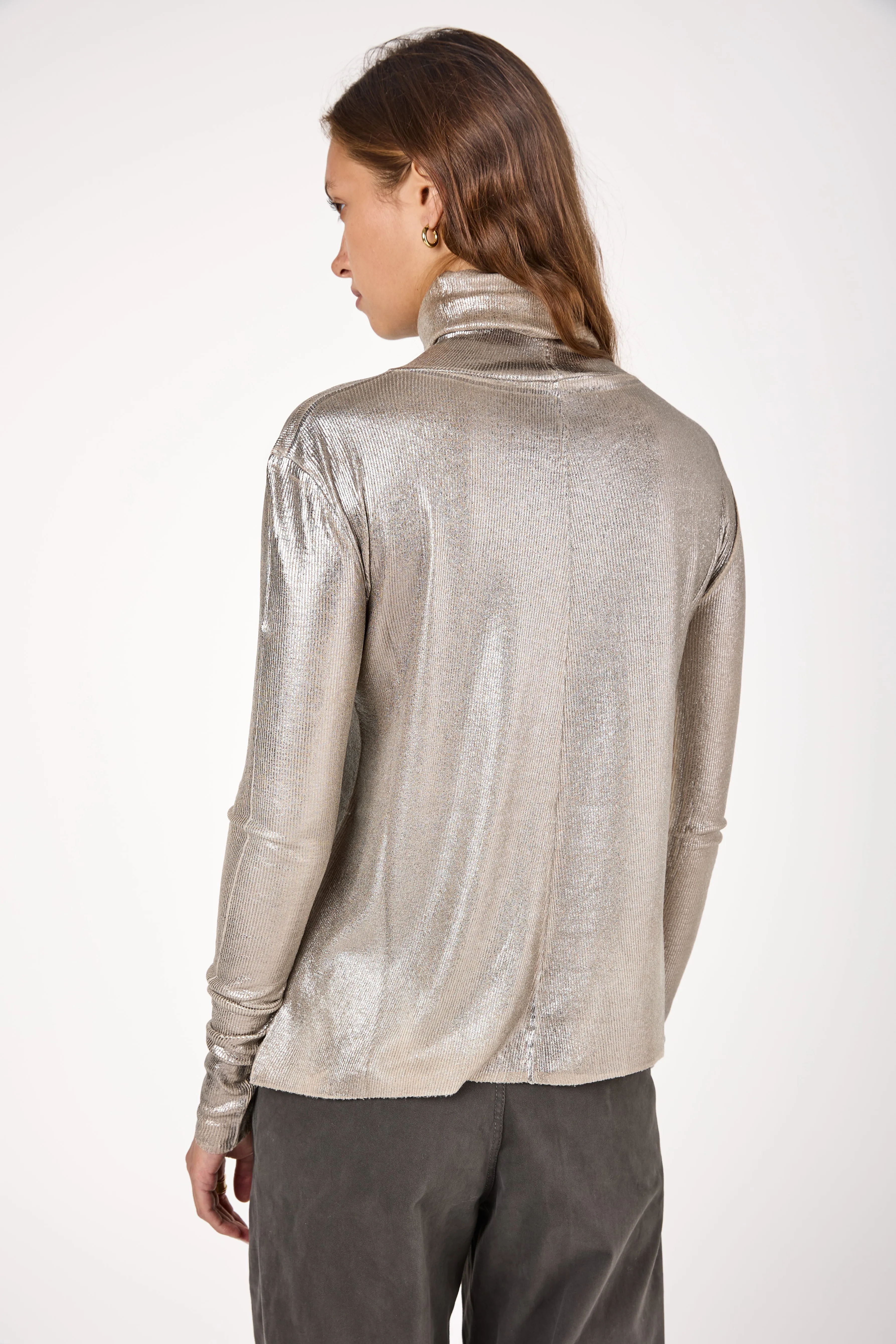 High Neck Ribbed Long Sleeve Top with Lamination in Burro