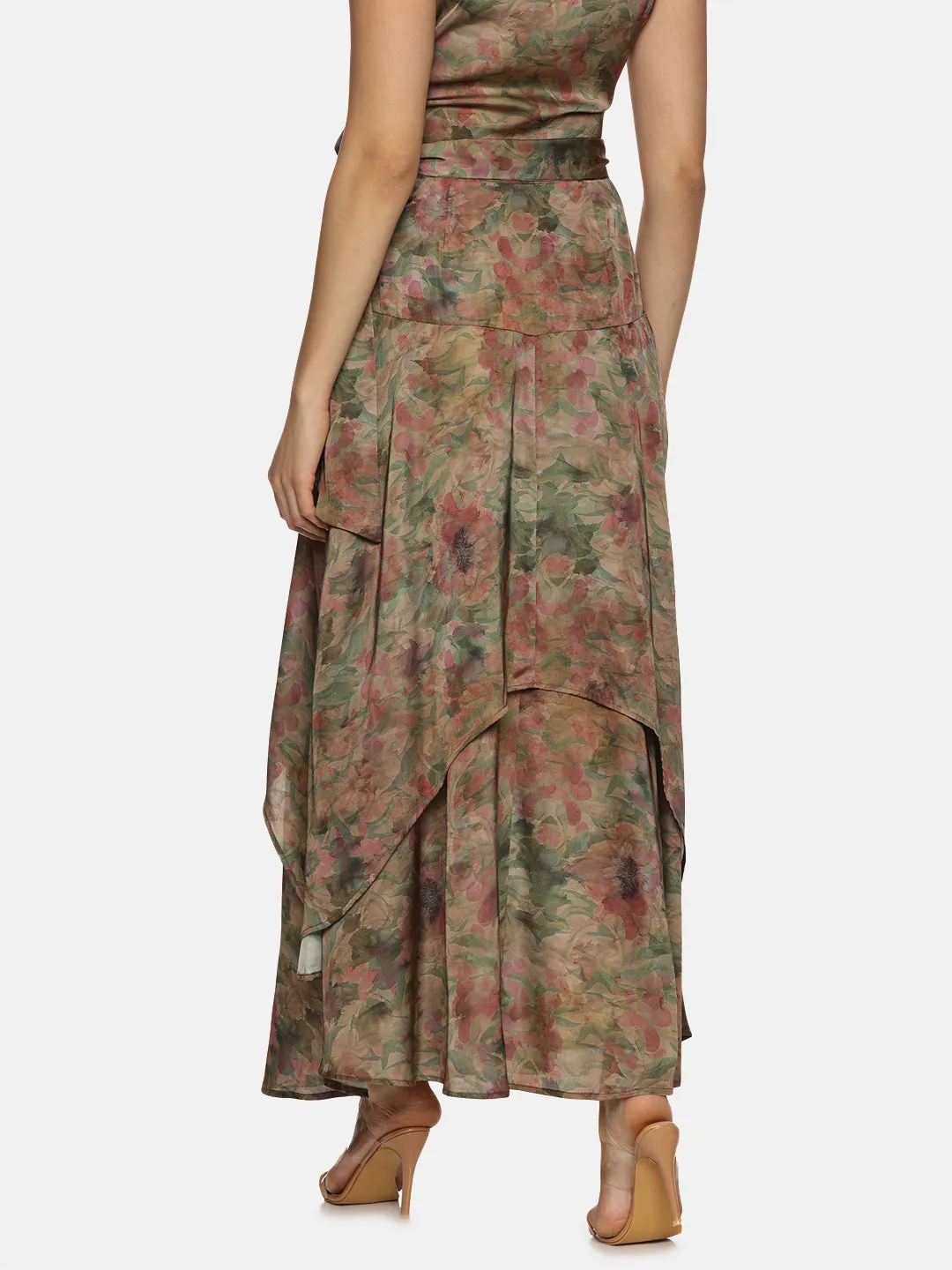 IS.U Floral Brown Asymmetrical Flare Maxi Skirt