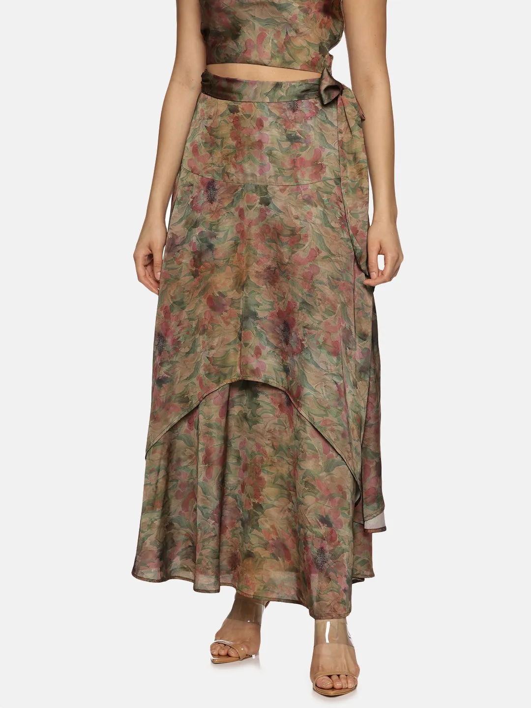 IS.U Floral Brown Asymmetrical Flare Maxi Skirt