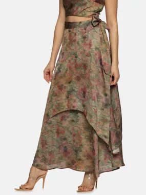 IS.U Floral Brown Asymmetrical Flare Maxi Skirt