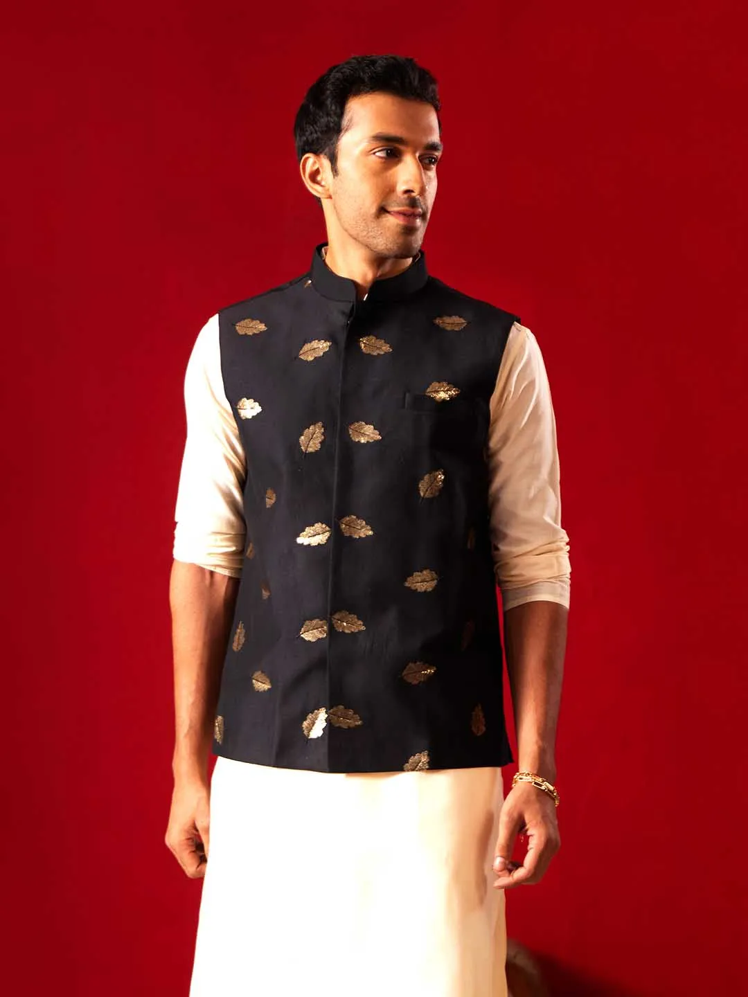 Jashvi Men's Black Leaf Motif Embellished jacket