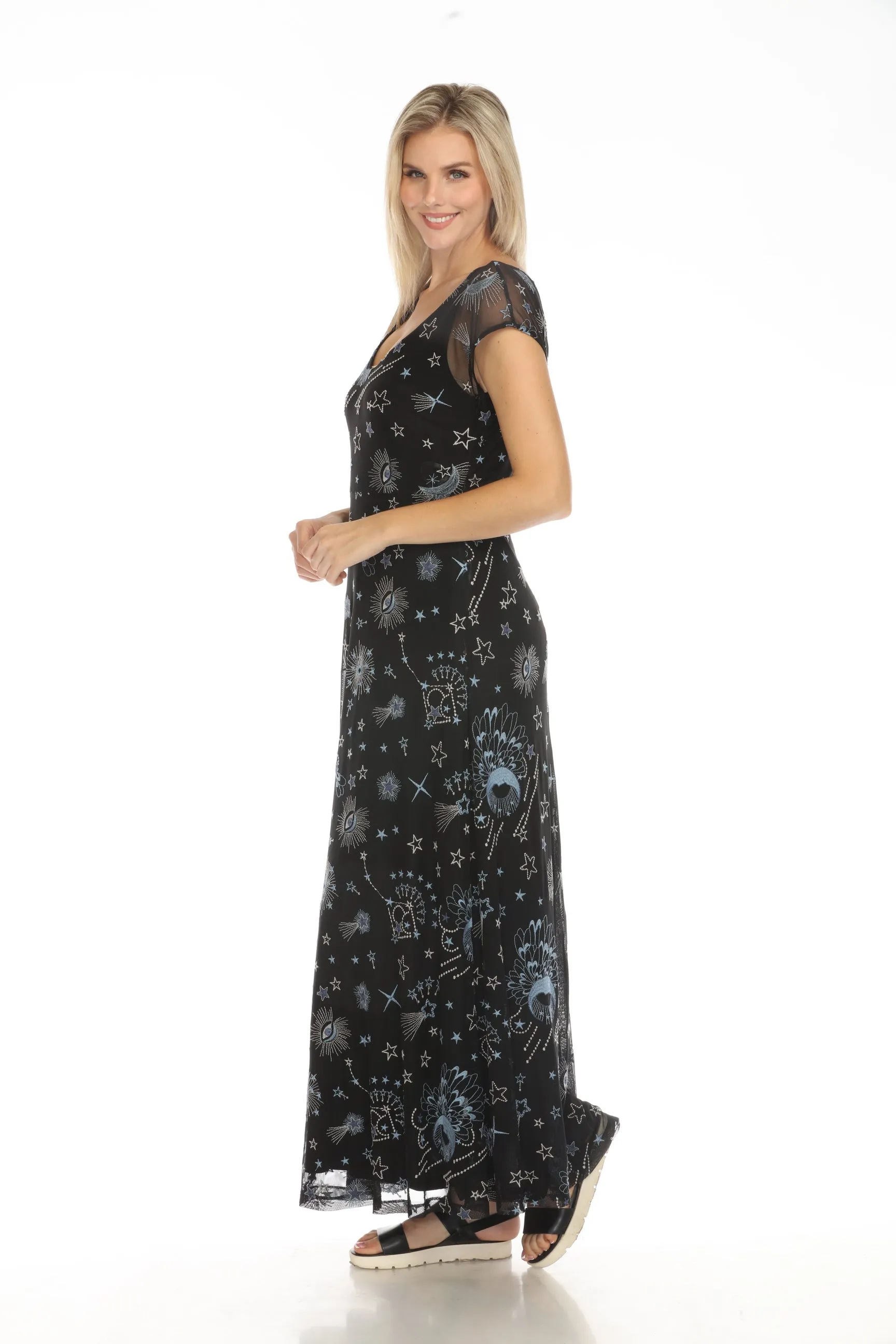 Johnny Was Jade Black Mesh Embroidered Maxi Dress R37024