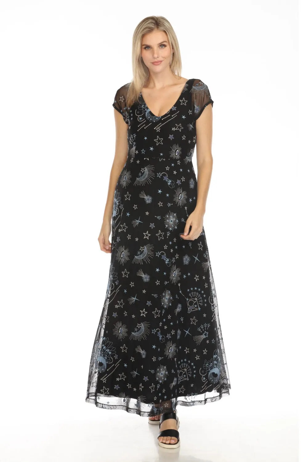 Johnny Was Jade Black Mesh Embroidered Maxi Dress R37024