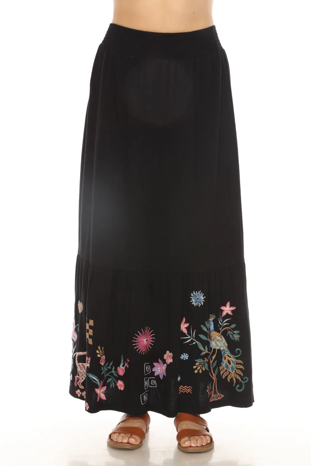 Johnny Was JWLA Black Embroidered Smocked Waist Maxi Skirt J72024