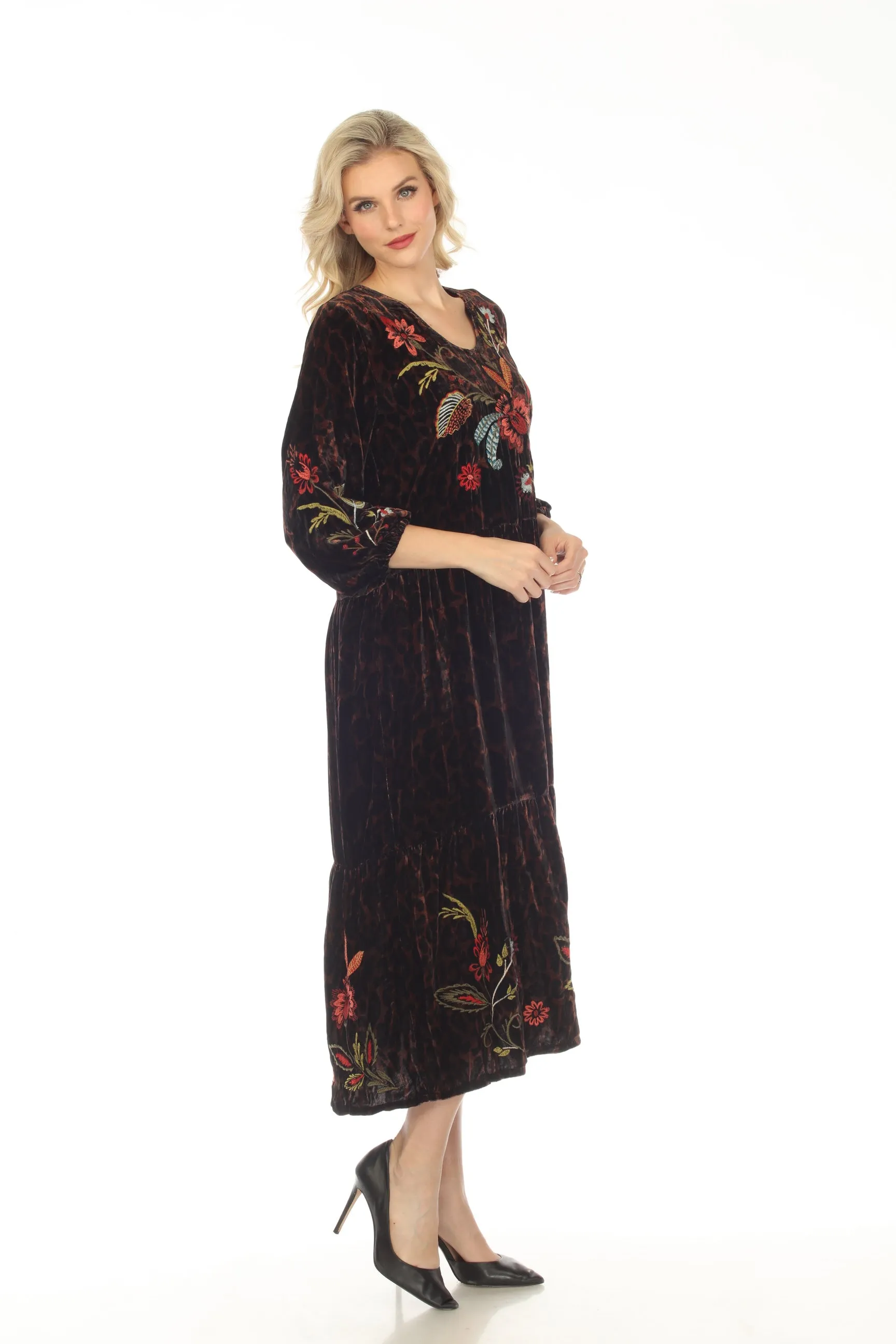 Johnny Was JWLA Isabella Velvet Embroidered Tiered Maxi Dress Boho Chic J30023