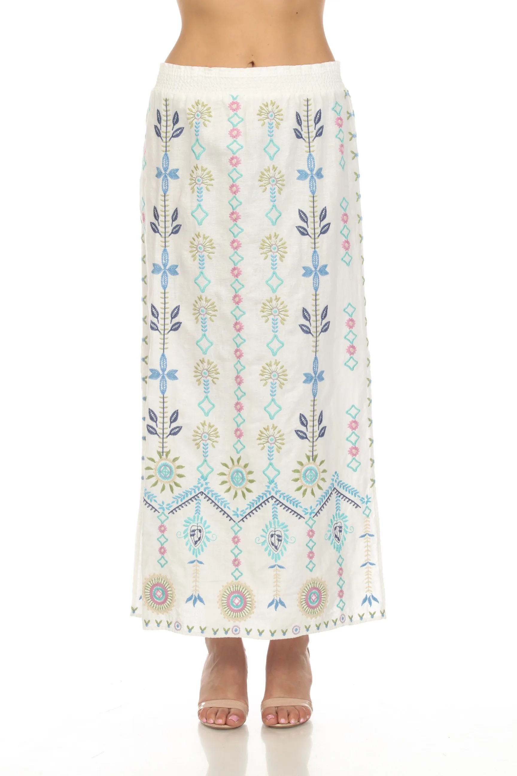 Johnny Was JWLA White Oriel High Slit Linen Embroidered Maxi Skirt Boho Chic J71623