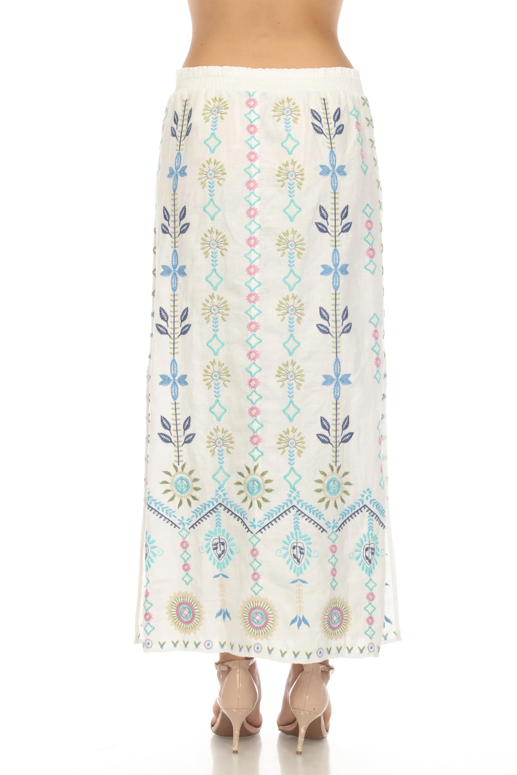 Johnny Was JWLA White Oriel High Slit Linen Embroidered Maxi Skirt Boho Chic J71623