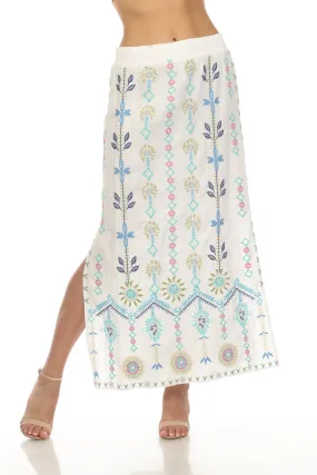 Johnny Was JWLA White Oriel High Slit Linen Embroidered Maxi Skirt Boho Chic J71623