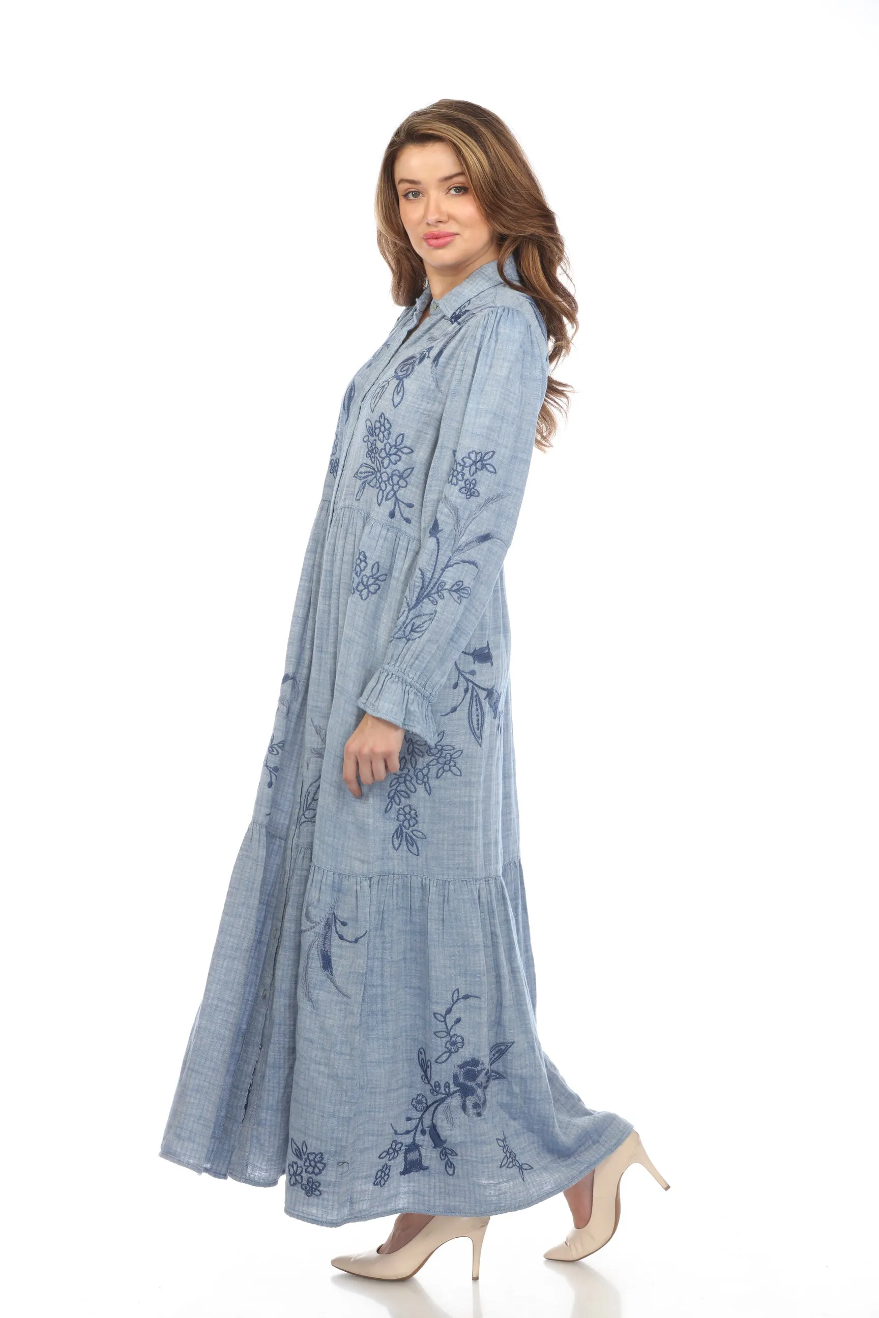 Johnny Was Workshop Denim Blue Embroidered Maxi Dress W38624 Boho Chic