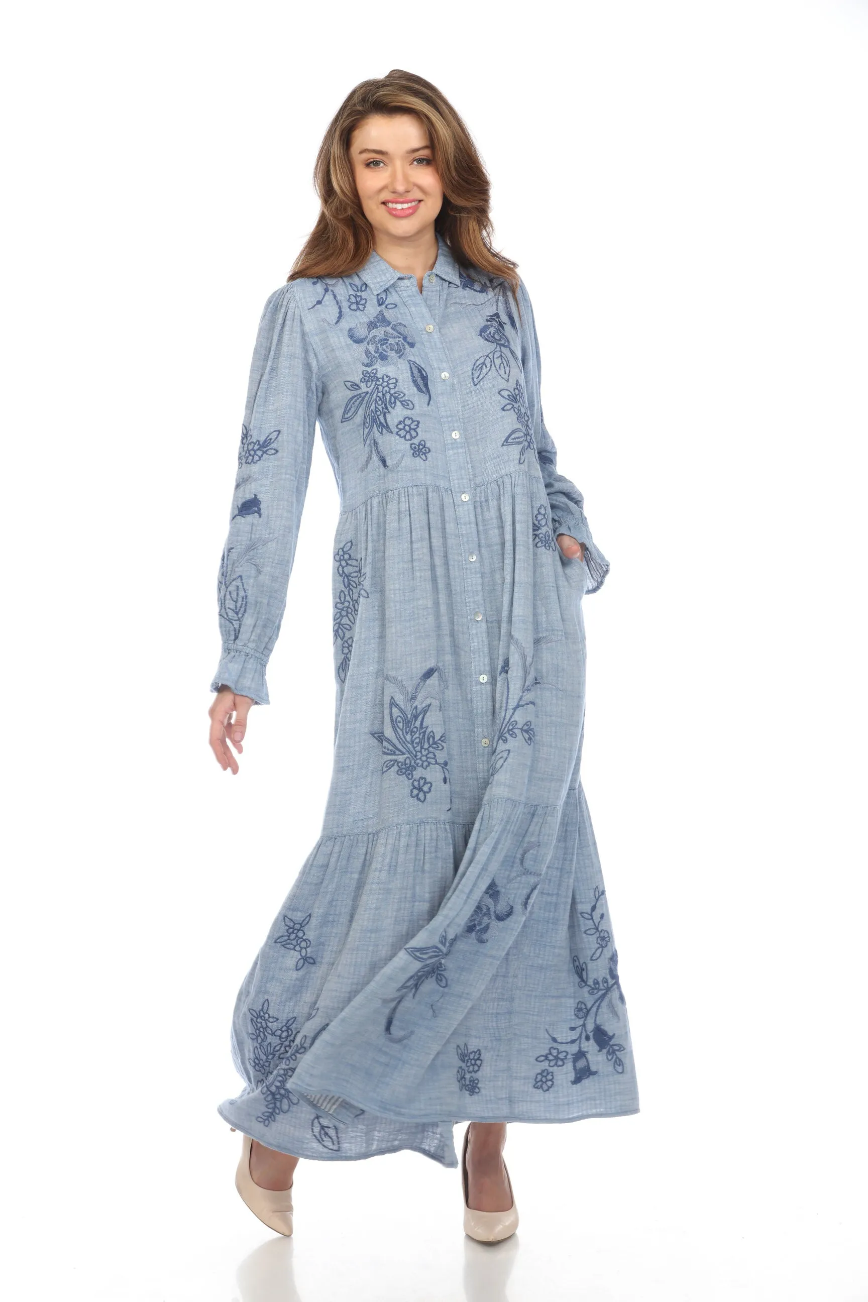 Johnny Was Workshop Denim Blue Embroidered Maxi Dress W38624 Boho Chic