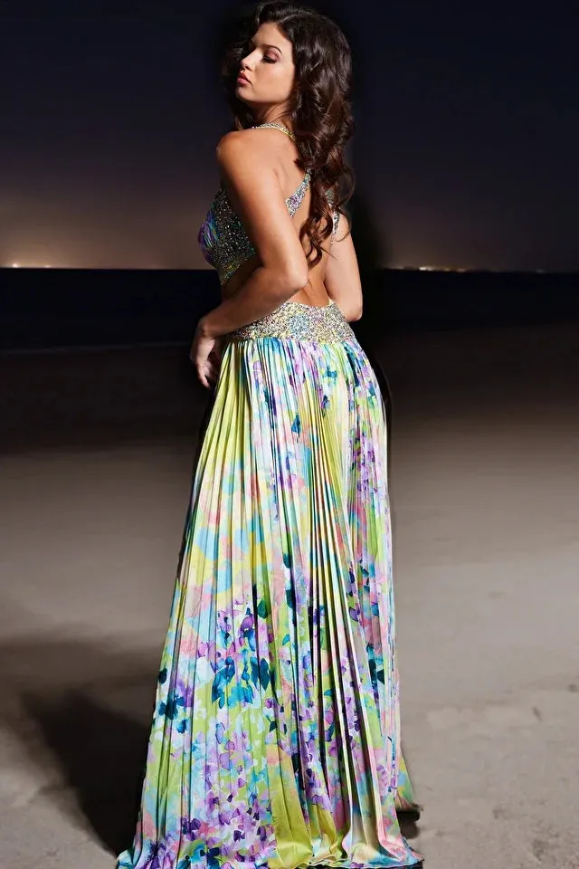 Jovani 38733 Long Prom Dress Maxi Slit Floral Print Cut Out Dress Formal Gown