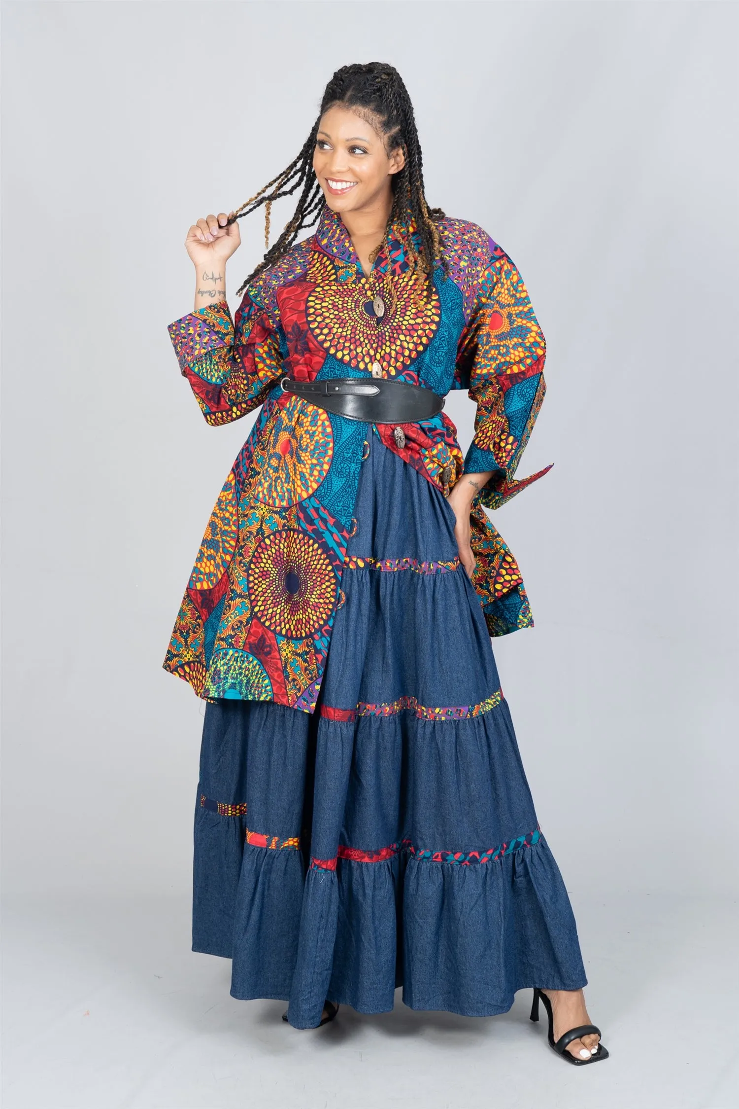 KaraChic 7780D Authentic African Print Trim Tiered Denim Maxi Skirt